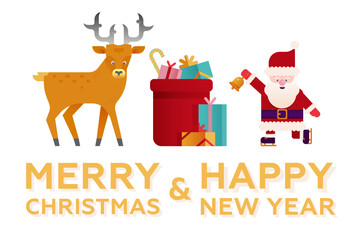 Christmas Greeting Card of Flat Cute Santa Claus and Deer. Happy New Year and Merry Christmas Stickers. Santa Claus on Skates Holding Christmas Bell, Bag with Gifts, Deer.