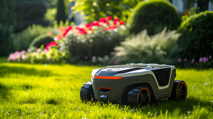 Modern robotic lawn mower in action on a sunny day, amidst a domestic garden filled with lush green grass and blooming flowers