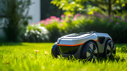 Modern robotic lawn mower working on a sunny day surrounded by lush green grass and blooming flowers in a domestic garden