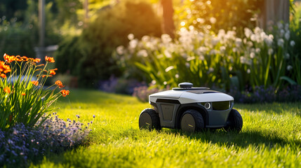 Modern robotic lawn mower in action on a sunny day, amidst a domestic garden filled with lush green grass and blooming flowers