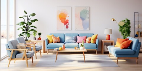 Bright living room interior with blue sofa, armchairs, plants, wooden table, and colorful carpet, showcasing a simple gallery of posters on the wall.