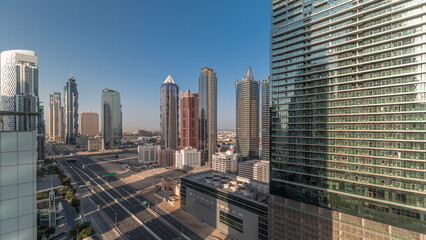 Business bay district skyline with modern architecture morning timelapse from above.