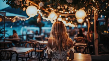 A girl dances in the rays of the setting sun in a beach cafe