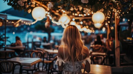 A girl dances in the rays of the setting sun in a beach cafe - Powered by Adobe