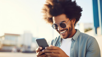 An young man with huge afro looking at the smartphone and laughing closeup. - obrazy, fototapety, plakaty