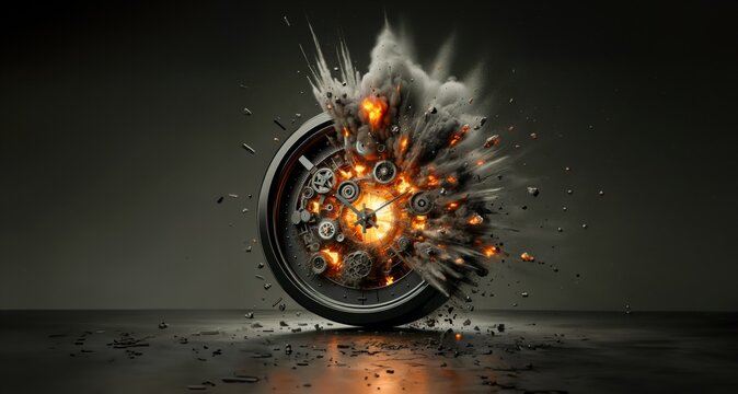 Temporal Desintegration: Exploding Clock Mechanics Unleashing Time in Fiery Disarray on Dark Background