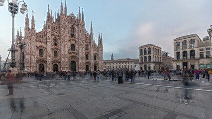 Fototapeta premium Panorama showing Milan Cathedral and Vittorio Emanuele gallery timelapse.