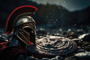 Spartan, a solitary warrior in minimalist armor, radiating discipline and strength. Embody essence of ancient Greek valor unyielding resilience. Austere training battlefield prowess, essence spirit. - obrazy, fototapety, plakaty