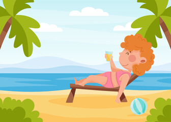 Obraz na płótnie Canvas Happy Girl Character at Sea Lounge in Deck Chair Enjoy Beach Vacation Vector Illustration