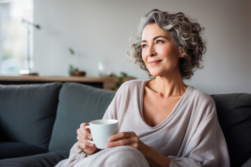 Satisfied middle aged woman drinking coffee relaxing on sofa at home. Smiling female enjoying resting sitting on couch in cozy living room. Portrait of relaxed female resting at home. 