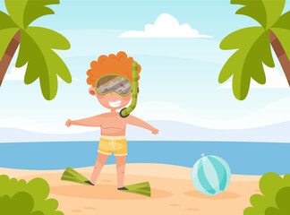 Obraz na płótnie Canvas Happy Boy Character at Sea with Flipper and Snorkeling Tube Enjoy Beach Vacation Vector Illustration