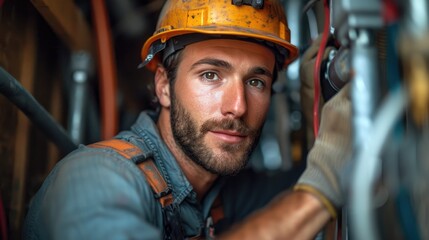 Skilled Electrician at Work: Installing Electrical Wiring Amidst Exposed Beams and Conduits in a New Construction Building