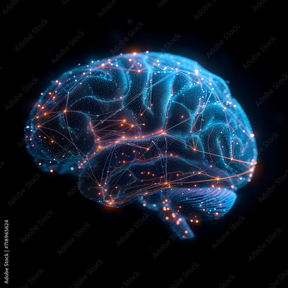 Poster a futuristic bionic human brain with wireframe and digital data flowing, adapting new ai technology 