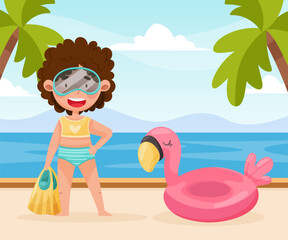 Happy Girl Character at Sea with Rubber Ring Enjoy Beach Vacation Vector Illustration