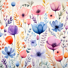 Floral watercolor pattern with colorful flowers in herbarium style. Hand painting image, print in pastel colors isolated on white background