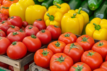 Display of fresh red tomatoes, yellow and green bell peppers arranged neatly on wooden crates