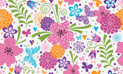 Fototapeta na wymiar Vector seamless colorful floral valentines pattern with hearts and butterflies in doodle style on a white background