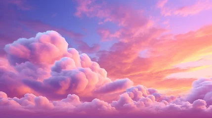 Foto auf Acrylglas Pink, blue and purple clouds in the morning sky background pattern. Sunset or sunrise background. Decorative horizontal banner. Digital artwork raster bitmap illustration. AI artwork.  © Oxana