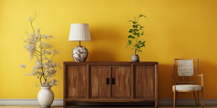 Fototapeta Modern Asian interior design with a classic Chinese wooden cabinet, bone china porcelain, a modern side table, window curtain, parquet floor, and yellow wallpaper.