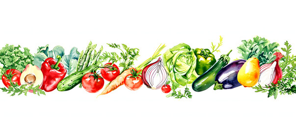 Watercolor vegetable border featuring fresh greens, bell peppers, tomatoes, onions, and avocados perfect for culinary and health-themed designs