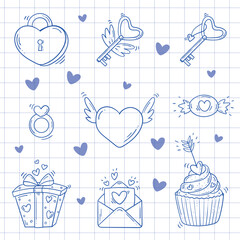 Set of blue sketch elements for Valentines day in doodle style on a white checkered background. Love bundle