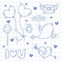 Set of blue sketch elements for Valentines day in doodle style on a white checkered background. Love bundle