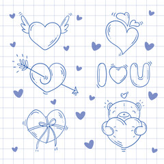 Set of blue sketch elements for Valentines day in doodle style on a white checkered background. Love bundle
