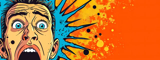 Poster pop art style, character in a state of shock with exaggerated facial expressions, against a vibrant background with abstract shapes and splatters, illustrating a dramatic and dynamic comic scene. © edojob