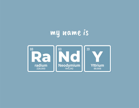 Vector inscription name RANDY composed of individual elements of the periodic table. Text: My name is. Blue background
