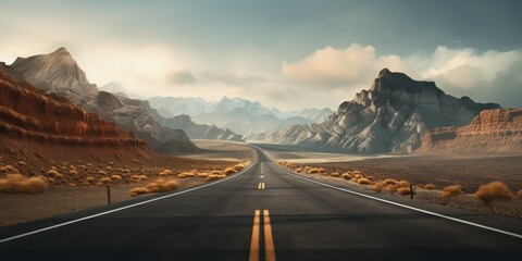 An empty road stretches through a scenic landscape with mountains, offering a journey into nature.