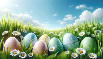 Spring Easter Egg Hunt: Colored Eggs in Lush Grass Under Clear Sky Background