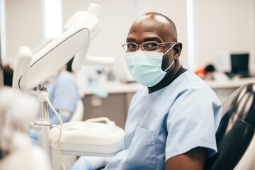 A black dentist in a clinic, wearing a mask, providing professional dental care.