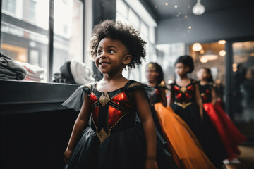 Preschool girls in gorgeous dresses, celebrating diversity and showcasing festive costumes at a...