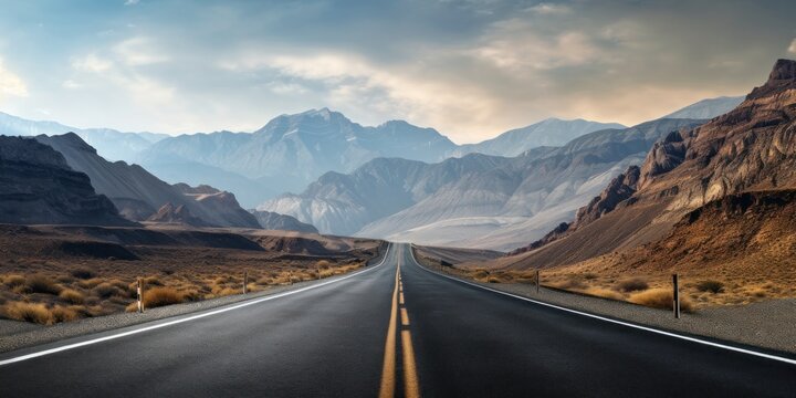 A majestic road stretches through scenic mountains, leading to a horizon of natural beauty.