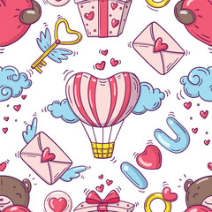 Bright seamless pattern with valentines day and love objects in doodle style on white background