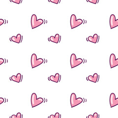 Seamless pattern with pink hearts in doodle style on white background