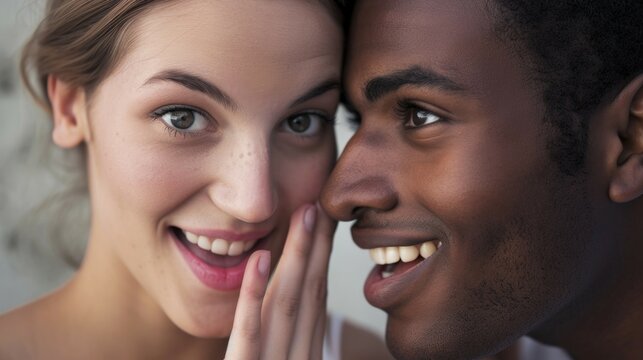 Young multiracial diverce couple closeup photo and a hand on a mouth
