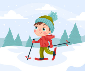 Happy Boy Character Ski Outdoor Do Sport Vector Illustration