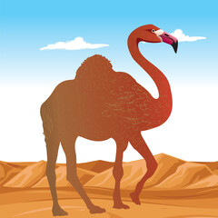 Meet Flamel, a magical mix of a flamingo and camel in a colorful desert scene. Imagine a fantastical creature with vibrant colors, combining the grace of a flamingo and the toughness of a came