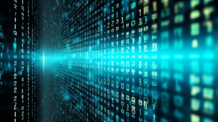 Cascade of cyan binary code, ones and zeros flow like a waterfall, digital information background