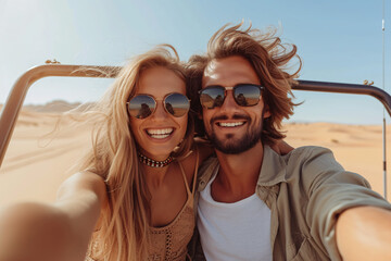 Young couple on an adventure tour, joyful tourists taking selfie with smart phone in desert