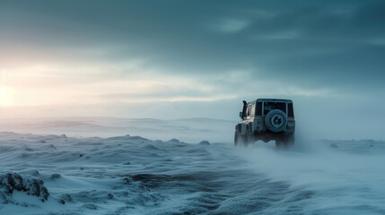White SUV battling through a snowstorm at dusk with dark clouds overhead