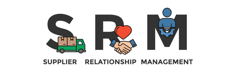 SRM banner web icon vector illustration concept of supplier relationship management with icon of product, delivery, supply, chain, checklists, cycle, agreement, system, process	