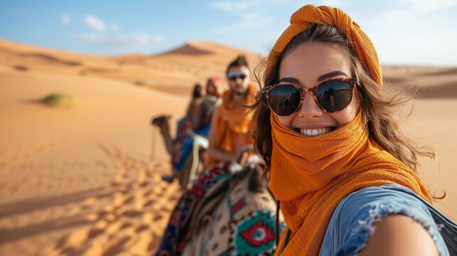 Happy tourists having fun in dessert with camel and talking selfies with a big copy space, Generative AI.