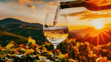A glass of wine at sunset in a mountain vineyard