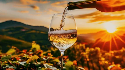 Fototapeten A glass of wine at sunset in a mountain vineyard © poto8313