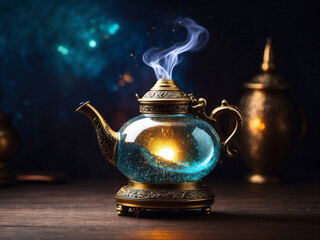 Precious golden aladin magic lamp with smoke on vibrant background, fairy tales and wish fulfillment concept