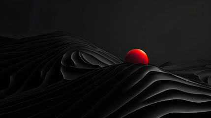 Minimalist abstract 3d rendering of a sleek red sphere resting on a textured black surface, evoking simplicity, contrast, and modern design