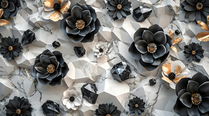 Exquisite marble texture with 3d black flowers and glistening gold veins, ideal for refined backgrounds and luxurious design elements in top-tier projects