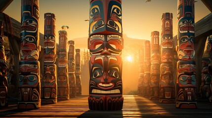 First Nations totem poles, carvings by Northwest Coast First Peoples.